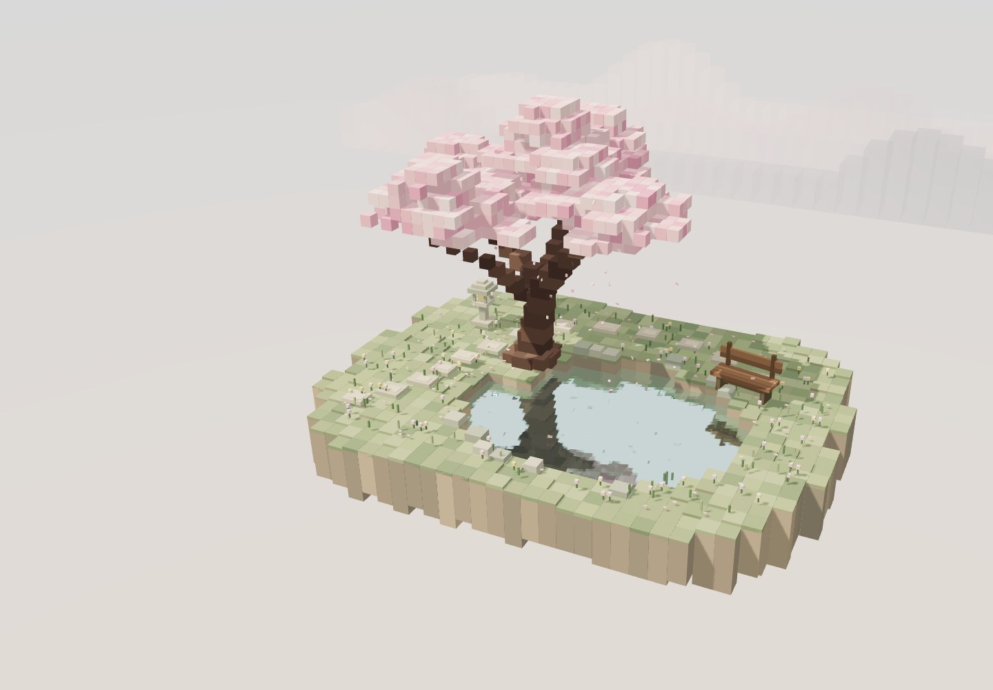 A pink voxel cherry tree in full bloom beside a reflective pond, stepping stones and a wooden bench.